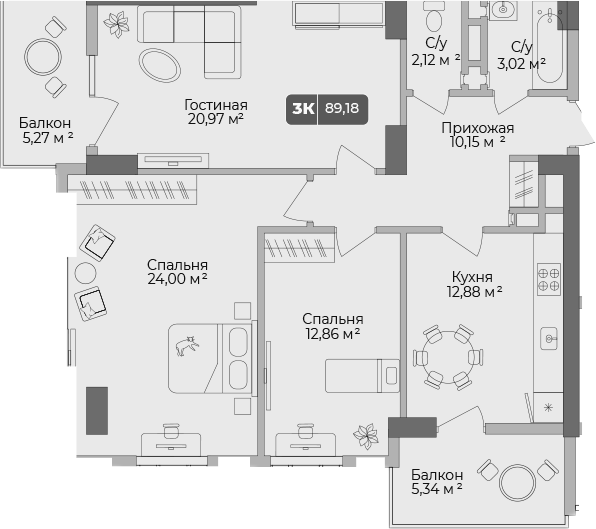 Планировка — Золотой берег. СЗ Среда, 3-комн., 86 м²