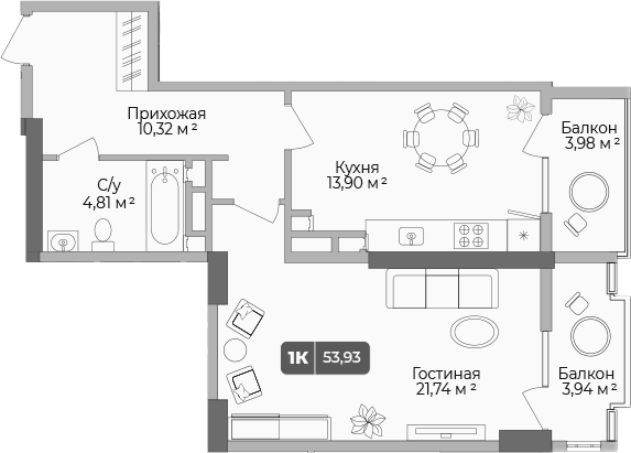 Планировка — Золотой берег. СЗ Среда, 1-комн., 51 м²