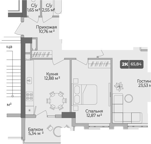 Планировка — Золотой берег. СЗ Среда, 2-комн., 64 м²