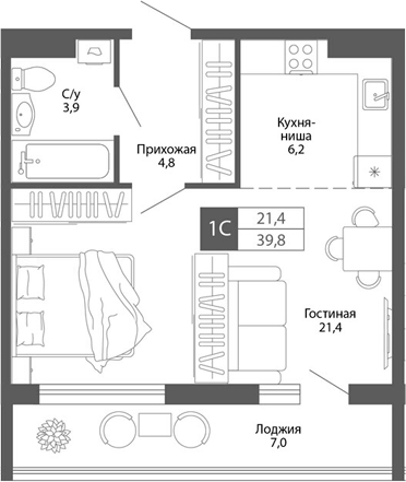 Планировка — Родина, Студия, 36 м²