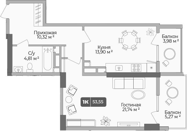 Планировка — Золотой берег. СЗ Среда, 1-комн., 51 м²