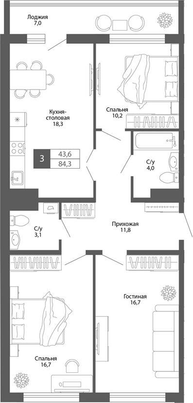 Планировка — Родина, 3-комн., 81 м²