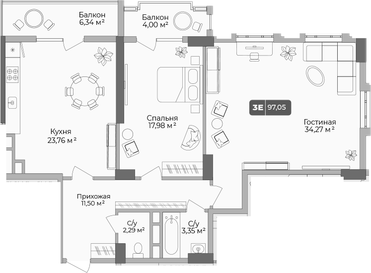 Планировка — Золотой берег. СЗ Среда, 2-комн., 94 м²