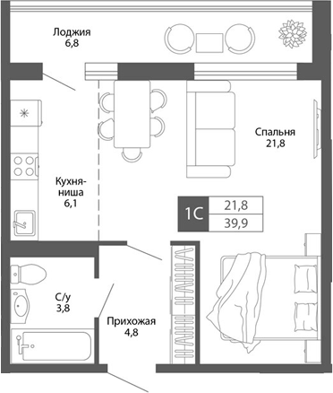 Планировка — Родина, Студия, 37 м²