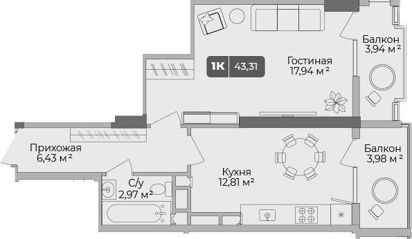 Планировка — Золотой берег. СЗ Среда, 1-комн., 41 м²