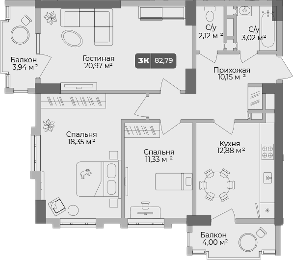 Планировка — Золотой берег. СЗ Среда, 3-комн., 80 м²