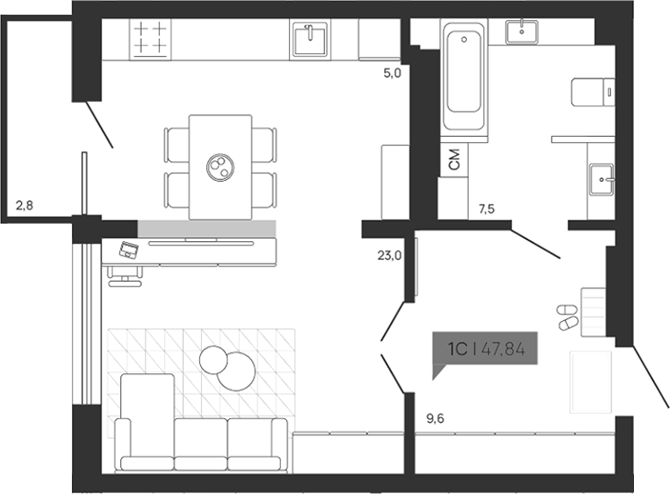 Планировка — Зоркий парк, Студия, 45 м²
