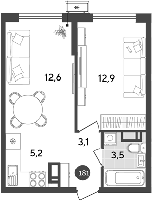Планировка — Порто-Ново, 2-комн., 37 м²