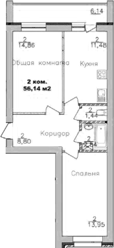Планировка — Дивногорский, 2-комн., 53 м²