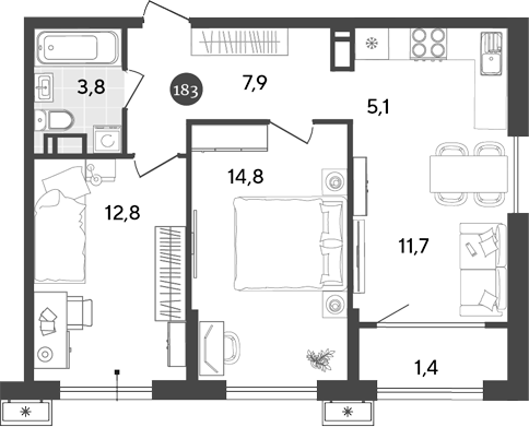 Планировка — Порто-Ново, 3-комн., 56 м²
