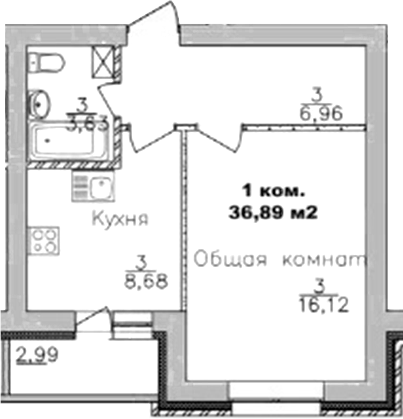 Планировка — Дивногорский, 1-комн., 35 м²