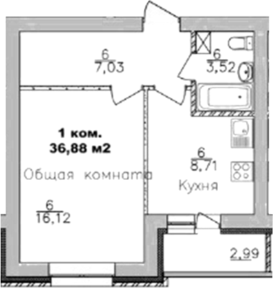 Планировка — Дивногорский, 1-комн., 35 м²