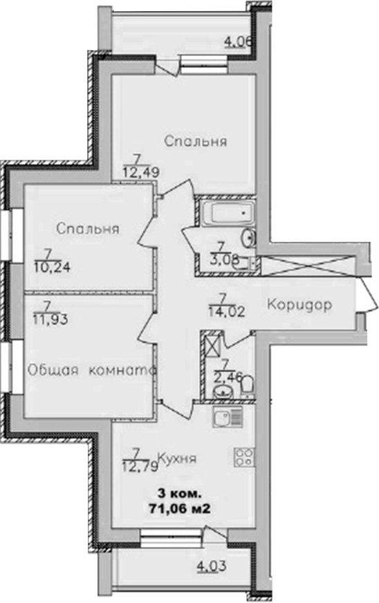 Планировка — Дивногорский, 3-комн., 67 м²