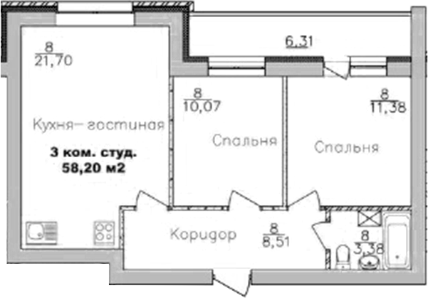 Планировка — Дивногорский, 3-комн., 55 м²