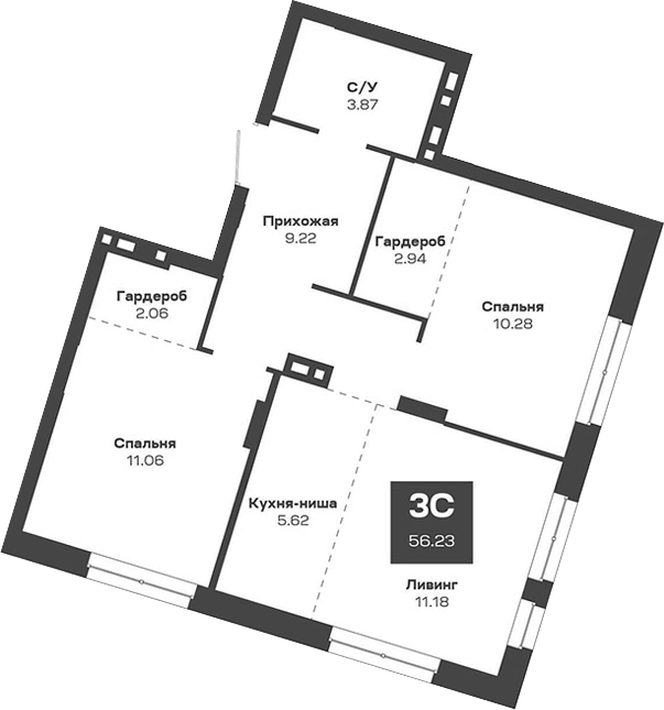 Планировка — Базилик, 3-комн., 56 м²