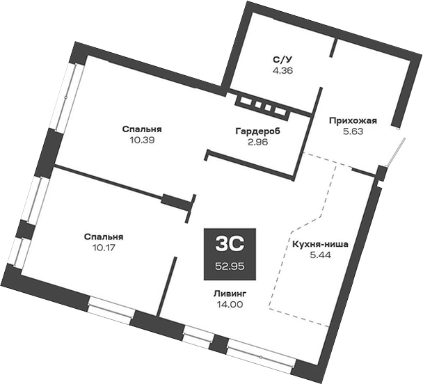 Планировка — Базилик, 3-комн., 53 м²