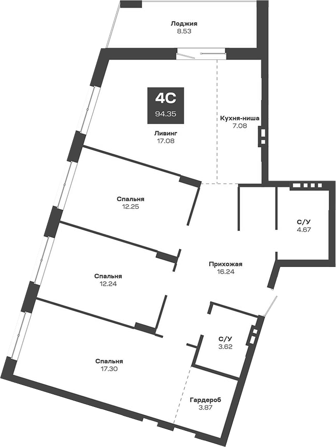 Планировка — Базилик, 4-комн., 94 м²