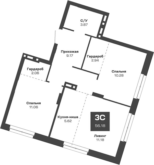 Планировка — Базилик, 3-комн., 56 м²