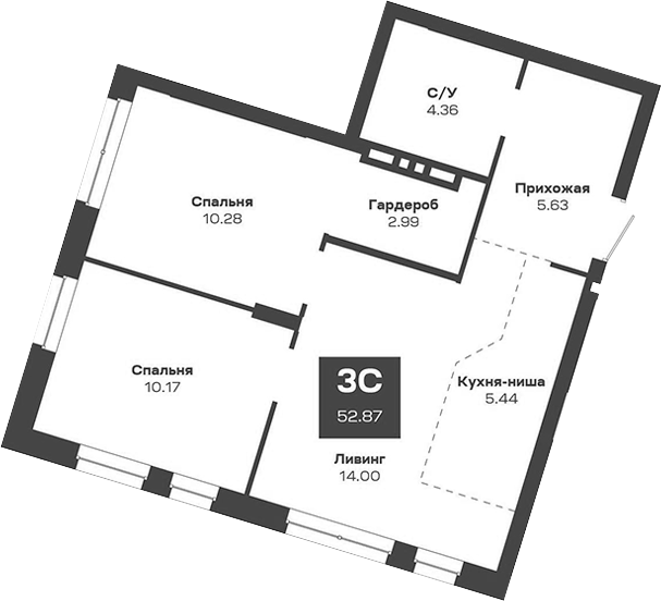 Планировка — Базилик, 3-комн., 53 м²