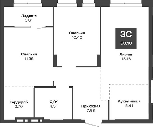 Планировка — Базилик, 3-комн., 58 м²
