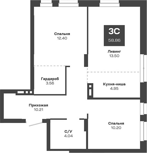 Планировка — Базилик, 3-комн., 59 м²