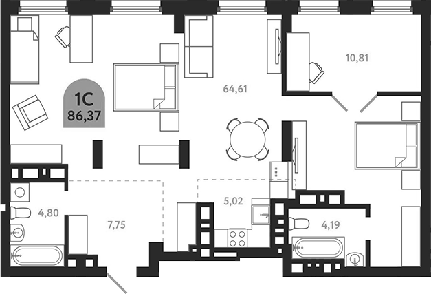 Планировка — Квартал 1604. Томск, Студия, 86 м²
