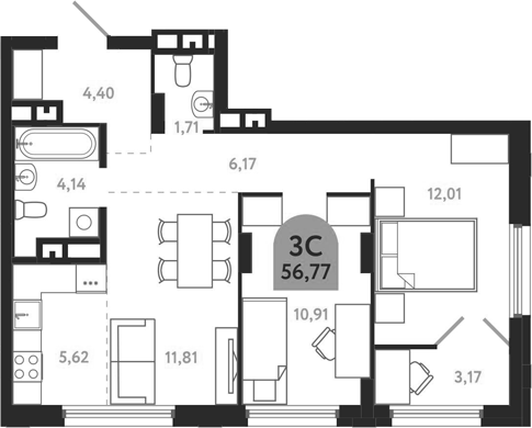 Планировка — Квартал 1604. Томск, 3-комн., 57 м²