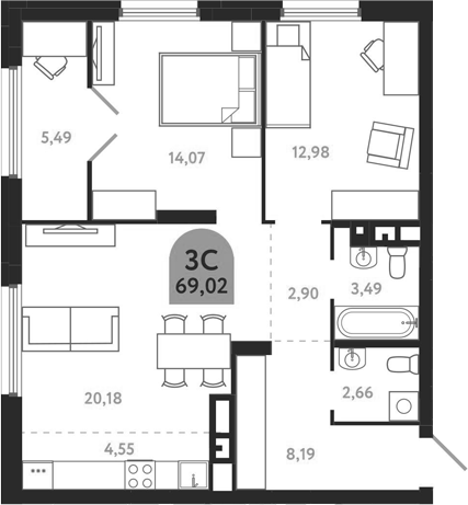 Планировка — Квартал 1604. Томск, 3-комн., 69 м²