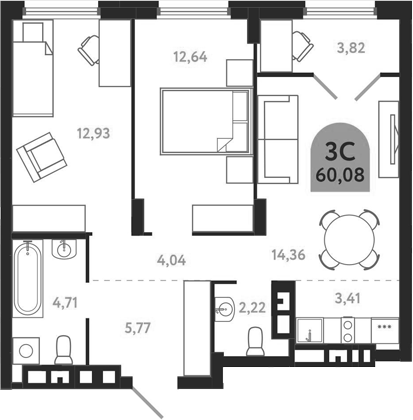 Планировка — Квартал 1604. Томск, 3-комн., 60 м²