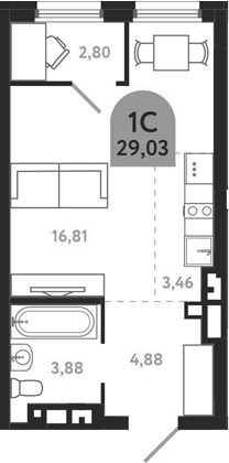 Планировка — Квартал 1604. Томск, Студия, 29 м²