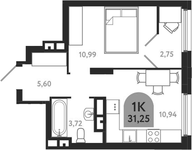 Планировка — Квартал 1604. Томск, 1-комн., 31 м²