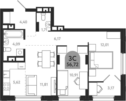 Планировка — Квартал 1604. Томск, 3-комн., 57 м²