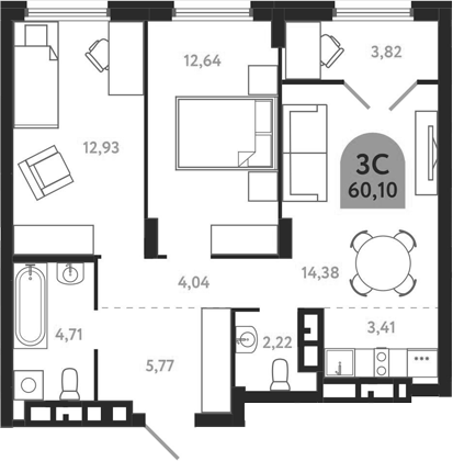 Планировка — Квартал 1604. Томск, 3-комн., 60 м²