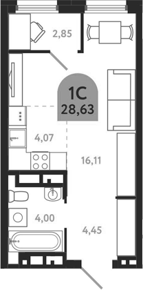 Планировка — Квартал 1604. Томск, Студия, 29 м²