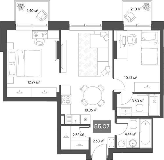 Планировка — ЩА, 2-комн., 51 м²