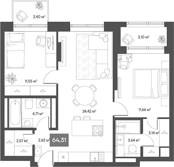 Планировка — ЩА, 2-комн., 60 м²