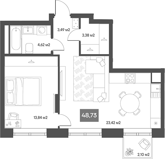 Планировка — ЩА, 1-комн., 46 м²