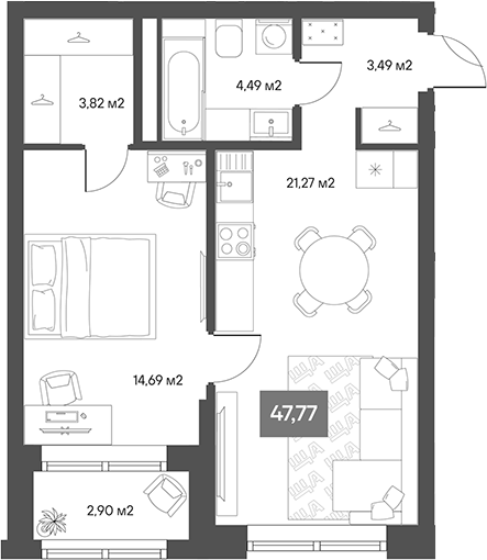 Планировка — ЩА, 1-комн., 41 м²