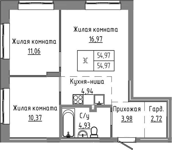 Планировка — Базилик, 3-комн., 55 м²