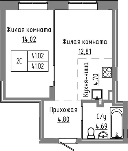 Планировка — Базилик, 2-комн., 41 м²