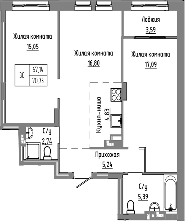 Планировка — Базилик, 3-комн., 67 м²