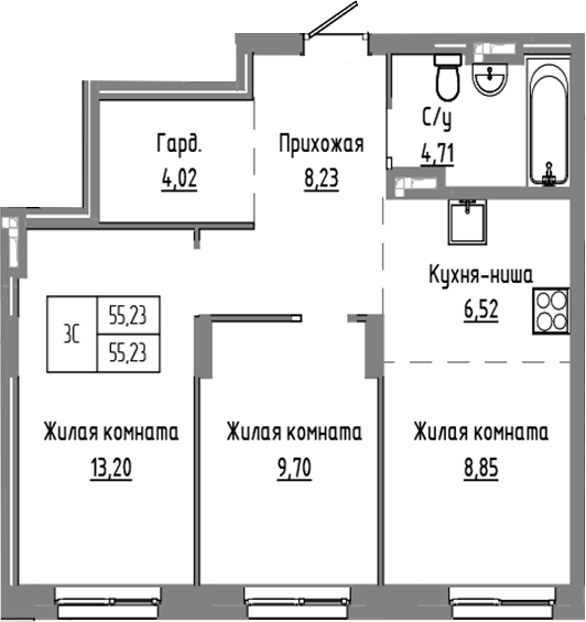 Планировка — Базилик, 3-комн., 55 м²