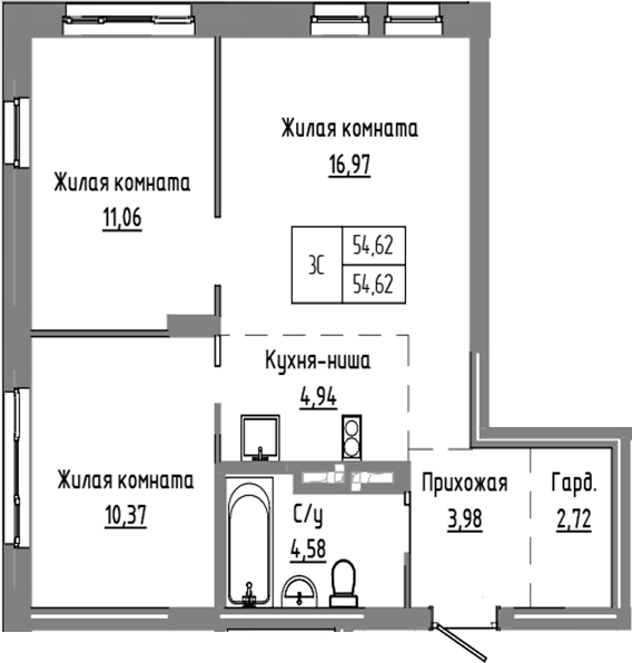 Планировка — Базилик, 3-комн., 55 м²