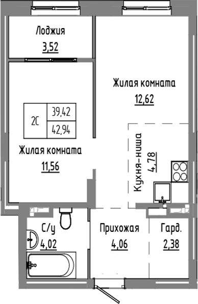 Планировка — Базилик, 2-комн., 39 м²