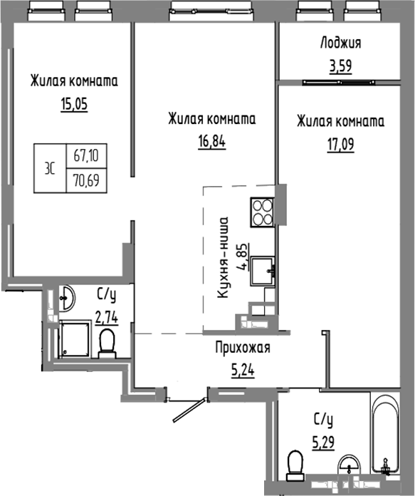 Планировка — Базилик, 3-комн., 67 м²