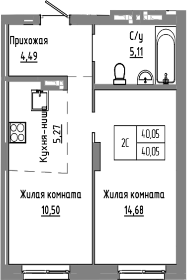Планировка — Базилик, 2-комн., 40 м²