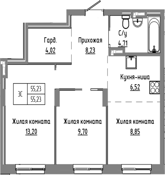 Планировка — Базилик, 3-комн., 55 м²