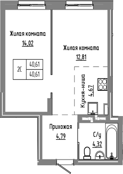 Планировка — Базилик, 2-комн., 41 м²