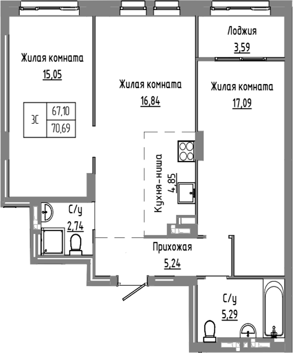 Планировка — Базилик, 3-комн., 67 м²