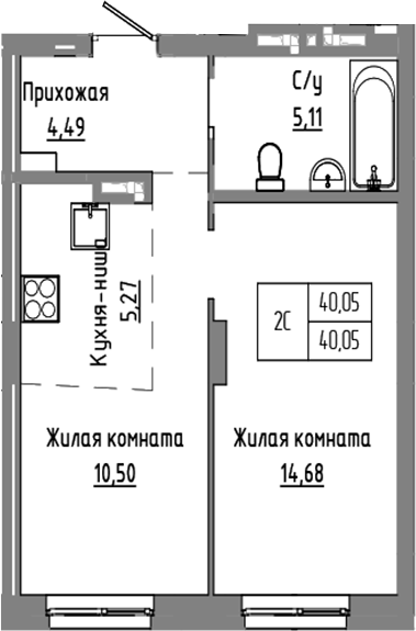 Планировка — Базилик, 2-комн., 40 м²